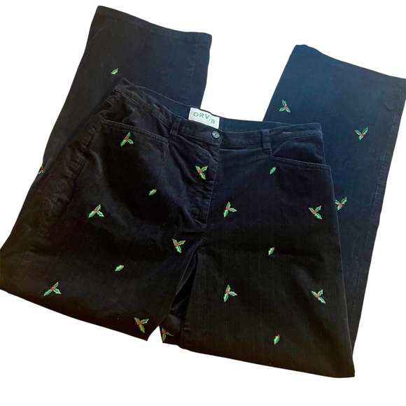 ORVIS Christmas ladies size 14 black cordaroy's w/green holly & red berries EUC! - Picture 2 of 9